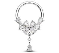 CM Crareesi Mania Dangle Teardrop Septum Piercing 16G 10mm Butterfly Septum Ring Clear CZ Daith Piercing Jewellery 316L Stainless Steel Helix Daith Earrings for Women