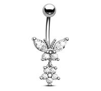 CM Crareesi Mania Dangly Belly Button Bars Butterfly Belly Bar Sterling Silver Belly Button Piercing Pregnancy Button Bar 14G 316L Stainless Steel Clear Belly Ring Belly Piercing Jewellery