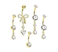 CM Crareesi Mania Gold Belly Bar Surgical Steel Belly Button Bars Bow Dangly Belly Ring 14G Belly Button Piercing Jewellery 5pcs Navel Piercing Jewelry 10mm Belly Bars for Women