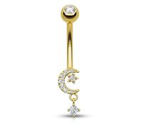 CM Crareesi Mania Moon Belly Button Bars 14K Solid Gold Navel Piercing Jewellery Cubic Zirconia Belly Rings 14G Yellow Gold Navel Rings for Women