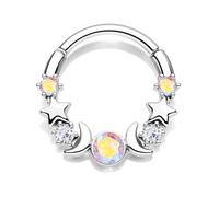 CM Crareesi Mania Moon Phase Septum Ring 16G Opal Septum Piercing Jewelry Star Daith Earrings 316L Stainless Steel Daith Piercing Hoop for Women, 16G/1.2mm, 8mm/10mm, Metal, cubic zirconia