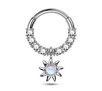 CM Crareesi Mania Opal Dangle Septum Piercing Jewellery Sterling Silver Septum Ring 16Gauge Septum Clicker 316L Surgical Steel Hinged Segment Clear Nose Rings Hoop for Women