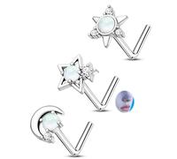 CM Crareesi Mania Opal Nose Studs, 3PCS Nose Piercing Jewelry for Women, 20G L-Shaped Hypoallergenic Nose Rings, Star Nostril Jewelry