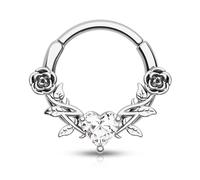 CM Crareesi Mania Rose Septum Piercing Jewellery 16G Hinged Segment Rings Clicker 316L Stainless Steel Daith Earrings Heart CZ Septum Daith Helix Cartilage Piercing Jewellery