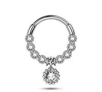 CM Crareesi Mania Septum Piercing Jewellery Dangle Septum Ring Sterling Silver 16Gauge 316L Surgical Steel Hinged Segment Clear Nose Rings Hoop for Women