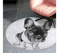 Cmagnifico 90 * 90cm Flannel Small Round Rug, French Bulldog Floor Mat, Non Slip Rugs for Bedroom, Living Room, Decor