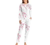 Cmagnifico Woman's Crew Neck Pyjamas Set, Cherry Blossoms Pyjamas for Women, Women's Pajamas with Pockets
