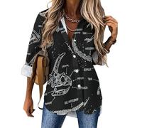 Cmagnifico Womens Blouse, Black Dinosaur Autumn Pumpkin Leaves Baroque Black Skull Black Gold Marble Boston Terrier Dog Blue Burning Flame Bubbles and Beer Brown Bear Cake and Teapot Floral Camo Buck