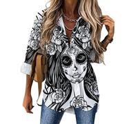 Cmagnifico Womens Blouse, Dia De Los Muertos Skull Day of The Dead Eucalyptus Leaves Dog Paw Long Sleeve Shirt, Button Down Shirt for Work Party