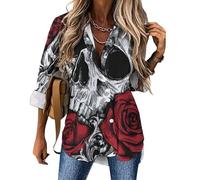 Cmagnifico Womens Blouse, Skull with Roses Long Sleeve Shirt, Button Down Shirt for Work Party