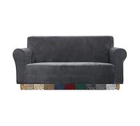 CMAKER Velvet Sofa Covers - 3 Seater Stretch Couch Cover with Non Slip Elastic Bottom - Furniture Protector Sofa Slipcovers for Pets (Dark Gray)
