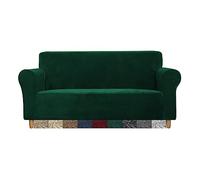 CMAKER Velvet Sofa Covers - 3 Seater Stretch Couch Cover with Non Slip Elastic Bottom - Furniture Protector Sofa Slipcovers for Pets (Dark Green)