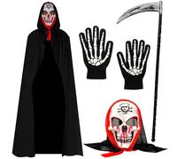 CMANLNYK 4Pcs Grim Reaper Cosplay - Black Cape, Skull Mask, Scythe, Skeleton Gloves, Cloak - Adult Halloween Costume Set