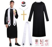 CMANLNYK 5 PCS Halloween Bloody Priest Costumes - Robe Cross Necklace Zombie Shawl Fake Blood Gel 30 Tattoo Stickers, Halloween Adults Mens Fancy Dress for Carnival Halloween Party Cosplay