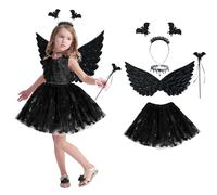 CMANLNYK 5Pcs Halloween Black Angel Costume for Kids - Halloween Black Devil Outfits for Girls, Halloween Children Black Angel Fance Dress Cosplay, Kids Fallen Dark Angel Clothes for Halloween Party
