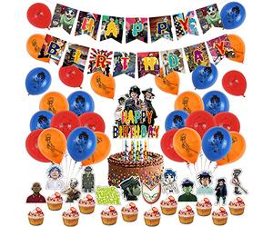 CMDXBD Gorillaz Godzilla Monster Party Supplies: 18pcs Latex Balloons, 13pcs Cake Toppers, 1pcs Happy Birthday Banner - Orange, Red, Blue - Solid, Letter Print, Cartoon - Perfect for Birthday Parties