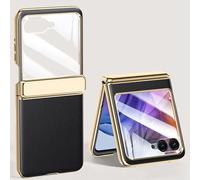 Cmeilau PU Leather Back Cover Hinges Protection Case Cover For Motorola Moto Razr+ 2024/Razr Plus 2024,Plated Frame & Built-in Front Screen Protector (Black, For Motorola Razr 50 Ultra)