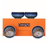 CmengAo Tenmokus Tea Cup Set, Jianzhan Tea Cups, 4 Pcs Blue Ceramic Small Teacups Embedded with Silver Ornaments, Traditional Chinese Style Kungfu Tea Cup (3 oz)