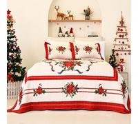 Cmfshape Christmas Bedspread King Size,Red Lightweight Quilt Set 3Pcs,Christmas Floral Pattern Bedding,Reversible Coverlet for All Season,Home Decoration for New Year(Red,King106 x96)