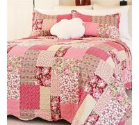 Cmfshape Summer Floral Oversize King Bedspread,Romantic Pink Quilt Set King,Reversible Stitched Bedding Set All Season,Soft Lightweight Coverlet with Pillow Cases (Hot Pink&Rose, Super King114 x102)