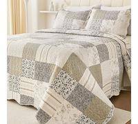 Cmfshape Summer Floral Queen Quilt Set,Grey Patchwork Quilts Queen,Reversible Quilted Bedspread with 2 Shams, Vintage Farmhouse Coverlet(Grey, Queen90 x90)