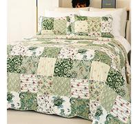 Cmfshape Summer Floral Queen Quilted Bedspread,Romantic Green Quilt Set,Reversible Stitched Bedding Cover All Season,Soft Lightweight Coverlet with Pillow Cases (Green&White, Queen90 x90)