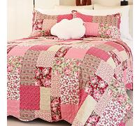 Cmfshape Summer Floral Queen Quilted Bedspread,Romantic Pink Quilt Set Full,Reversible Stitched Bedding Set All Season,Soft Lightweight Coverlet with Pillow Cases (Hot Pink&Rose, Queen90 x90)