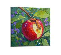 CMHONLY Caterpillar Crawling on Apple with Bite Marks Poster Modern Wall Art Canvas Aesthetic Decoration Painting 28x28inch(70x70cm) Frame-style