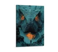 CMHONLY Dinosaurs Giant Dragon Facing Man in Dark Environment Poster Modern Wall Art Canvas Aesthetic Decoration Painting 24x36inch(60x90cm) Frame-style