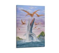 CMHONLY Dinosaurs Sea Creature Leaping to Catch Pterosaurs Poster Modern Wall Art Canvas Aesthetic Decoration Painting 16x24inch(40x60cm) Frame-style