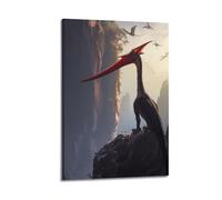 CMHONLY Red Beaked Pterosaur Standing on The Cliff Poster Modern Wall Art Canvas Aesthetic Decoration Painting 12x18inch(30x45cm) Frame-style
