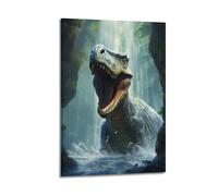 CMHONLY Tyrannosaurus Animal Raising Head And Roaring in Waterfall Poster Modern Wall Art Canvas Aesthetic Decoration Painting 12x18inch(30x45cm) Frame-style