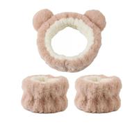 Cmis Kbei 2 Sets Cartoon Bear Ear Plush Wristband Hairband Set Women Wash Face and Make up Wristband Headbands(Brown)