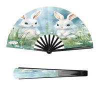 Cmizedevise Lovely Rabbit Large Folding Hand Fan, Easter Bunny Floral | Handheld Fan, Portable Fabric Fan, with Sturdy Frame, for Outdoor Wedding Concert Summer Party, Rave Essentials, Decorations