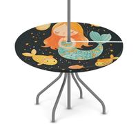 Cmizedevise Mermaid Round Outdoor Tablecloth with Umbrella Hole and Zipper Waterproof Elastic Fitted Table Cloth Wrinkle Free Table Covers for Picnic Party Dinner Patio (36" - 44")