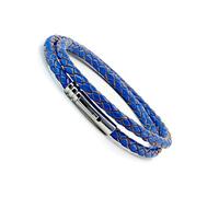 CMJ London Mens Blue Leather Wrap Bracelet-Stainless Steel Trigger Clasp-Double Wrapped 5mm Braided Cord
