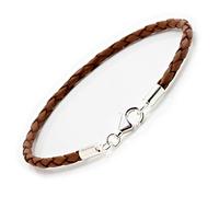 CMJ London Mens/Ladies Braided Leather Bracelet with Sterling Silver Clasp-Genuine 3mm Light Brown Leather Cord-S-7.5"