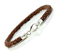 CMJ London Mens Light Brown Leather Bracelet with Sterling Silver Clasp-5mm Braided Cord 7-9 Inches