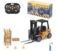 CMJ RC Cars Remote Control Forklift Truck - FLT 2.4 GHz Realistic Construction Vehicle with High Shelf, Pallets, Boxes & Pylons - Rechargeable Warehouse Toy for Kids & Model Enthusiasts 1:16