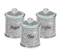 CMK Diamond Crushed Tea Coffee Sugar Canisters Jars Kitchen Storage Silver Trimmings Crystal Filled Black writing