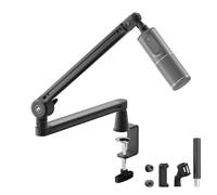 CMTECK Microphone Boom Arm, 2 Extended Risers, Premium Low Profile Microphone with Cable Management, 360° Rotatable Boom Arm, Sturdy Aluminum Mic Desk for Blue Yeti Shure (Grey)
