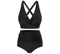 CMTOP Bikini Sets for Women UK Tummy Control High Waisted Bikini Set Padded Push Up Swimming Costume V Neck Swimwear Two Piece Ruched Swimsuits Crossback Bathing Suits Beachwear(Black,XL)