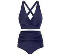 CMTOP Bikini Sets for Women UK Tummy Control High Waisted Bikini Set Padded Push Up Swimming Costume V Neck Swimwear Two Piece Ruched Swimsuits Crossback Bathing Suits Beachwear(Navy Blue,L)