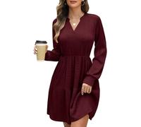 CMTOP Jumper Dress for Women Long Sleeve V Neck Knitted Dresses Ladies Elegant Sweater Tunic Casual Midi Bodycon with Pockets Wine Red