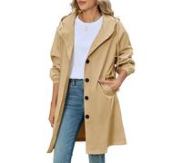 CMTOP Trench Coats for Women Long Lightweight Hooded Trench Coat, Solid Colour Classic Windproof Pea Coat Single-Breasted Windbreaker Jacket with Pockets for Spring Summer Autumn(Khaki,XXL)