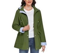 CMTOP Waterproof Jacket for Women Lightweight Hooded Jackets Casual Softshell Jacket with Striped Lining Functional Outdoor Windbreaker Breathable Rain Coat with Pockets(Army Green, L)