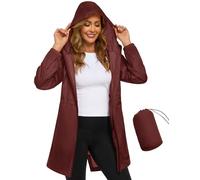 CMTOP Waterproof Jacket Women Lightweight Packable Rain Jackets Casual Hooded Windbreaker Breathable Functional Raincoat Mid-length Outdoor Softshell Jacket for Walking Hiking(Wine Red, L)