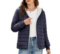 CMTOP Women's Coats Fleece Lined Warm Quilted Jacket, Lightweight Padded Thermal Short Puffer Coat, Water Resistant Hooded Down Jacket Windproof Parka Outwear with Zipped Pockets(Navy Blue,XL)