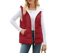 CMTOP Women's Fleece Gilets with Hood Lightweight Warm Sleeveless Jacket Casual Zip Up Quilted Vest Water Repellent Bodywarmer Wind Resistant Autumn Winter Coats with Pockets(Wine Red, S)