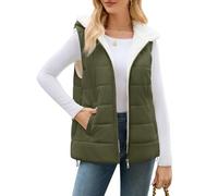 CMTOP Women's Fleece Gilets with Hood Lightweight Warm Sleeveless Jacket Casual Zip Up Quilted Vest Water Repellent Bodywarmer Wind Resistant Autumn Winter Coats with Pockets(Army Green, L)